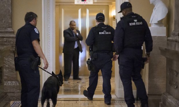 U.S. Capitol Police perform a security sweep outside the Senate chamber before a key vote on a voti...