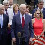 
              President Joe Biden, with a bipartisan group of Senators, speaks Thursday June 24, 2021, outside the White House in Washington. Biden invited members of the group of 21 Republican and Democratic senators to discuss the infrastructure plan. (AP Photo/Evan Vucci)
            