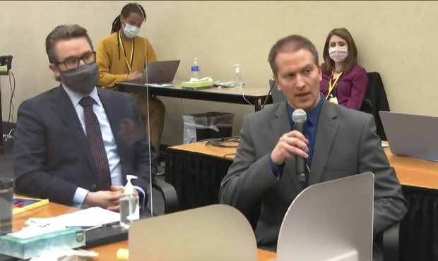 FILE - In this April 15, 2021, file image from video, defense attorney Eric Nelson, left, and defen...