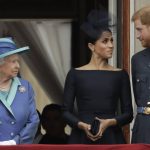 
              FILE - In this Tuesday, July 10, 2018 file photo Britain's Queen Elizabeth II, Meghan the Duchess of Sussex and Prince Harry stand on a balcony to watch a flypast of Royal Air Force aircraft pass over Buckingham Palace in London. The second baby for the Duke and Duchess of Sussex is officially here: Meghan gave birth to a healthy girl on Friday, June 4, 2021. A spokesperson for Prince Harry and Meghan said the couple welcomed their child Lilibet “Lili” Diana Mountbatten-Windsor. Their daughter weighed in at 7 lbs, 11 oz.  Her first name, Lilibet, is a nod to Her Majesty The Queen's nickname. Her middle name is in honor of her grandmother and Harry's mother. The baby is the eighth in line to the British throne.   (AP Photo/Matt Dunham, File)
            