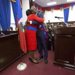 
              FILE - In this Feb. 7, 2017 file photo, Haitian President Jovenel Moise hugs his wife Martine after being sworn in at Parliament in Port-au-Prince, Haiti. Moïse was assassinated in an attack on his private residence early Wednesday, July 7, 2021, and the first lady was shot in the overnight attack and hospitalized, according to a statement from the country’s interim prime minister. (AP Photo/Dieu Nalio Chery, File)
            
