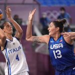 
              Chiara Consolini (4), of Italy, shoots under pressure from Stefanie Dolson (13), of the United States during a women's 3-on-3 basketball game at the 2020 Summer Olympics, Monday, July 26, 2021, in Tokyo, Japan. (AP Photo/Charlie Riedel)
            