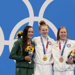 
              Gold medalist Lydia Jacoby, centre, of the United States, stands with silver medalist Tatjana Schoenmaker, left, of South Africa, and bronze medalist Lilly King, of the United States, after the final of the women's 100-meter breaststroke at the 2020 Summer Olympics, Tuesday, July 27, 2021, in Tokyo, Japan. (AP Photo/Martin Meissner)
            