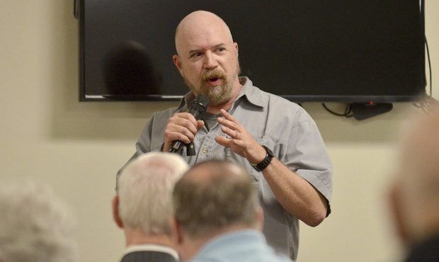 Terre Haute Police Det. Greg Ferency gives a presentation during the protecting places of worship f...