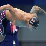 
              Caeleb Dressel of the United States starts in the men's 100-meter freestyle final at the 2020 Summer Olympics, Thursday, July 29, 2021, in Tokyo, Japan. (AP Photo/Matthias Schrader)
            