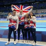 
              Britain's mixed 4x100-meter medley relay team, Kathleen Dawson, Adam Peaty, James Guy and Anna Hopkin, poses after winning the gold medal at the 2020 Summer Olympics, Saturday, July 31, 2021, in Tokyo, Japan.(AP Photo/Jae C. Hong)
            