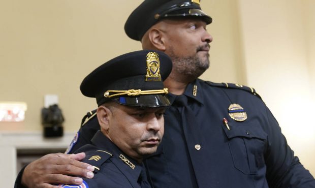 U.S. Capitol Police Sgt. Aquilino Gonell left, and U.S. Capitol Police Sgt. Harry Dunn stand after ...