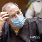 Harvey Weinstein, the 69-year-old convicted rapist and disgraced movie mogul, wears a face mask as he listens in court during a pre-trial hearing in Los Angeles, Thursday, 29 July 2021. Weinstein pleaded not guilty Wednesday to four counts of rape and seven other sexual assault counts in California. (Etienne Laurent/Pool Photo via AP)