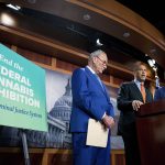 From left, Senate Majority Leader Chuck Schumer, D-N.Y., Sen. Cory Booker, D-N.J., and Sen. Ron Wyden, D-Ore., announce a draft bill that would decriminalize marijuana on a federal level Capitol Hill in Washington, on Wednesday, July 14, 2021. The bill, called the Cannabis Administration and Opportunity Act, would not only decriminalize marijuana, but also expunge the records of those with non-violent convictions related to cannabis and invest money into restorative justice programs. (AP Photo/Amanda Andrade-Rhoades)
