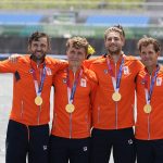 
              Lucas Theodoor Dirk Uittenbogaard, Abe Wiersma, Tone Wieten and Koen Metsemakers, of the Netherlands, pose with the gold medal following the men's rowing quadruple sculls final at the 2020 Summer Olympics, Wednesday, July 28, 2021, in Tokyo, Japan. (AP Photo/Darron Cummings)
            