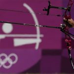 
              Luis Alvarez, from Mexico, shoots during practice for the 2020 Summer Olympics at Yumenoshima Park Archery Field, Sunday, July 18, 2021, in Tokyo. (AP Photo/Charlie Riedel)
            
