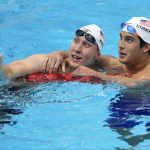 
              Chase Kalisz, left, of the United States, celebrates with teammate Jay Litherland after winning the final of the men's 400-meter individual medley at the 2020 Summer Olympics, Sunday, July 25, 2021, in Tokyo, Japan. (AP Photo/Petr David Josek)
            