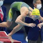 
              Emma McKeon of Australia starts in a women's 100-meter freestyle semifinal at the 2020 Summer Olympics, Thursday, July 29, 2021, in Tokyo, Japan. (AP Photo/Matthias Schrader)
            