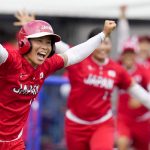 
              Japan's Eri Yamada celebrates their win over Mexico during their softball game at the 2020 Summer Olympics, Thursday, July 22, 2021, in Fukushima , Japan. (AP Photo/Jae C. Hong)
            