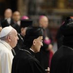 
              Pope Francis attends a prayer with Lebanon's Christian religious leaders in St. Peter's Basilica, at the Vatican, Thursday, July 1, 2021. Pope Francis welcomed Lebanon’s Christian religious leaders to the Vatican on Thursday for a day of prayer amid fears that the country’s descent into financial and economic chaos is further imperiling the Christian presence in the country, a bulwark for the church in the Middle East. (AP Photo/Gregorio Borgia)
            