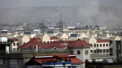 Smoke rises from a deadly explosion outside the airport in Kabul, Afghanistan, Thursday, Aug. 26, 2...