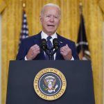 
              President Joe Biden speaks about the bombings at the Kabul airport that killed at least 12 U.S. service members, from the East Room of the White House, Thursday, Aug. 26, 2021, in Washington. (AP Photo/Evan Vucci)
            