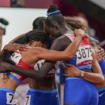 
              The team from the United States wins the women's 4 x 400-meter relay at the 2020 Summer Olympics, Saturday, Aug. 7, 2021, in Tokyo. (AP Photo/Matthias Schrader)
            
