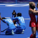 
              India's Vandana Katariya (16) and India's Nisha (15) kneel on the field after losing their women's field hockey bronze medal match against Britain at the 2020 Summer Olympics in Tokyo. (AP Photo/John Minchillo, File)
            
