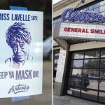
              This combination of images shows a sign picturing blues singer Lavelle White requesting masks be worn is displayed near the entrance to Antone's Nightclub in Austin, Texas, Saturday, Aug. 21, 2021, left, and an exterior of Antone's. The music industry is moving toward vaccine mandates for concertgoers, but local and state laws have created murky legal waters for COVID-19 rules in venues. Texas state law says businesses can’t require customers to show proof of a COVID-19 vaccination. (AP Photo/Chuck Burton)
            