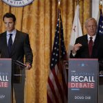 
              Republican candidates for California Governor Doug Ose, right, and Kevin Kiley participate in a debate at the Richard Nixon Presidential Library Wednesday, Aug. 4, 2021, in Yorba Linda, Calif. California Gov. Gavin Newsom faces a Sept. 14 recall election that could remove him from office. (AP Photo/Marcio Jose Sanchez)
            