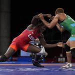 
              United States Tamyra Marianna Stock Mensah, left, and compete Nigeria's Blessing Oborududu during the women's 68kg Freestyle wrestling bronze medal match at the 2020 Summer Olympics, Tuesday, Aug. 3, 2021, in Chiba, Japan. (AP Photo/Aaron Favila)
            