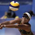
              Mariafe Artacho del Solar, of Australia, competes during a women's beach volleyball semifinal match against Latvia at the 2020 Summer Olympics, Thursday, Aug. 5, 2021, in Tokyo, Japan. (AP Photo/Felipe Dana)
            