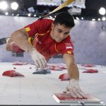 
              Alberto Gines Lopez, of Spain, competes during the speed portion of the men's sport climbing final at the 2020 Summer Olympics, Thursday, Aug. 5, 2021, in Tokyo, Japan. (Tsuyoshi Ueda/Pool Photo via AP)
            
