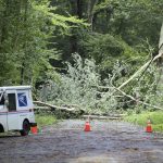 
              A U.S. Postal truck has to turn around as Gardner Rd. in Exeter, R.I., is completely blocked by a downed tree and power lines, Monday, Aug. 23, 2021. Strong winds from Tropical Storm Henri downed trees and power lines across the state leaving roads impassable and citizens without power. (AP Photo/Stew Milne)
            