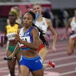 
              Allyson Felix, of the United States, runs in the women's 4 x 400-meter relay at the 2020 Summer Olympics, Saturday, Aug. 7, 2021, in Tokyo. (AP Photo/David J. Phillip)
            