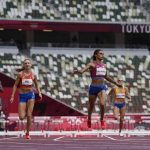 
              Sydney McLaughlin, of the United States, wins the women's 400-meter hurdles final at the 2020 Summer Olympics, Wednesday, Aug. 4, 2021, in Tokyo, Japan. (AP Photo/Petr David Josek)
            