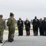 
              President Joe Biden watches as a Navy carry team moves a transfer case containing the remains of Navy Corpsman Maxton W. Soviak, 22, of Berlin Heights, Ohio, Sunday, Aug. 29, 2021, at Dover Air Force Base, Del. According to the Department of Defense, Soviak died in an attack at Afghanistan's Kabul airport, along with 12 other U.S. service members supporting Operation Freedom's Sentinel. From left, President Joe Biden, first lady Jill Biden, Secretary of Defense Lloyd Austin, and Joint Chiefs Chairman Gen. Mark Milley. (AP Photo/Manuel Balce Ceneta)
            