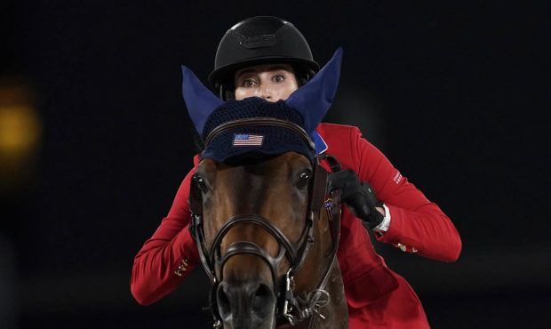 United States' Jessica Springsteen, riding Don Juan van de Donkhoeve, competes during the equestria...