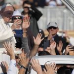 
              Pope Francis arrives to celebrate a Mass in the esplanade of the National Shrine in Sastin, Slovakia, Wednesday, Sept. 15, 2021. Pope Francis celebrates an open air Mass in Sastin, the site of an annual pilgrimage each September 15 to venerate Slovakia's patron, Our Lady of Sorrows. (AP Photo/Gregorio Borgia)
            