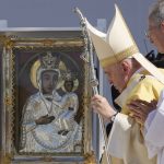 
              Pope Francis arrives to celebrate a mass for the closing of the International Eucharistic Congress, at Budapest's Heroes Square, Sunday, Sept. 12, 2021. Francis is opening his first foreign trip since undergoing major intestinal surgery in July, embarking on an intense, four-day, two-nation trip to Hungary and Slovakia that he has admitted might be overdoing it. (AP Photo/Gregorio Borgia)
            