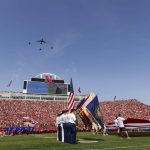 
              To commemorate the 20th anniversary of 9/11, the 155th Air Refueling Wing of Lincoln, Neb., flies a KC-135 Stratotanker, center, alongside three F-16 Fighting Falcons flown by the 114th Fighter Wing of Sioux Falls, South Dakota, over Memorial Stadium during the playing of the national anthem before Buffalo plays against Nebraska in an NCAA college football game, Saturday, Sept. 11, 2021, in Lincoln, Neb. (AP Photo/Rebecca S. Gratz)
            