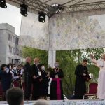 
              Pope Francis meets members of the Roma community at Lunik IX, in Kosice, Slovakia, Tuesday, Sept. 14, 2021, the biggest of about 600 shabby, segregated settlements where the poorest 20% of Slovakia's 400,000 Roma live. Pope Francis traveled to Kosice, in the far east of Slovakia on Tuesday to meet with the country's Roma in a gesture of inclusion for the most socially excluded minority group in Slovakia, who have long suffered discrimination, marginalization and poverty. (AP Photo/Gregorio Borgia)
            