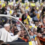 
              Pope Francis arrives to celebrate a Byzantine rite Mass at Mestska sportova hala Square, in Presov, Slovakia, Tuesday, Sept. 14, 2021. Pope Francis is on a four-day pilgrimage to Hungary and Slovakia. (AP Photo/Gregorio Borgia)
            