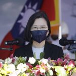 
              Taiwan's President Tsai Ing-wen delivers a keynote speech during the commissioning ceremony of the the domestically made Ta Jiang warship at the Suao naval base in Yilan county, Taiwan, Thursday, Sept. 9, 2021. Taiwan's president oversaw the commissioning of the new domestically made navy warship Thursday as part of the island's plan to boost indigenous defense capacity amid heightened tensions with China. (AP Photo/Chiang Ying-ying)
            