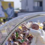 
              Pope Francis arrives to celebrate a Byzantine rite Mass at Mestska sportova hala Square, in Presov, Slovakia, Tuesday, Sept. 14, 2021. Pope Francis is on a four-day pilgrimage to Hungary and Slovakia. (AP Photo/Darko Vojinovic)
            