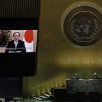 
              Suga Yoshihide, Prime Minister of Japan, remotely addresses the 76th session of the United Nations General Assembly in a pre-recorded message, Friday Sept. 24, 2021, at UN headquarters. (Peter Foley/Pool Photo via AP)
            
