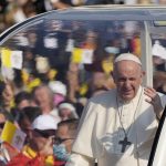 
              Pope Francis arrives on his pope-mobile to celebrate a Byzantine rite Mass at Mestska sportova hala Square, in Presov, Slovakia, Tuesday, Sept. 14, 2021. Pope Francis is on a four-day pilgrimage to Hungary and Slovakia. (AP Photo/Gregorio Borgia)
            