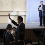 
              Former Japanese Foreign Minister Fumio Kishida waves after being announced the winner of the Liberal Democrat Party leadership election in Tokyo Wednesday, Sept. 29, 2021. Kishida has won the governing party leadership election and is set to be become the next prime minister. (Carl Court/Pool Photo via AP)
            