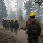 
              A hotshot crew from Tahoe Hotshots hikes along a trail in Meyers, Calif., Friday, Sept. 3, 2021. Fire crews took advantage of decreasing winds to battle a California wildfire near popular Lake Tahoe and were even able to allow some people back to their homes but dry weather and a weekend warming trend meant the battle was far from over. (AP Photo/Jae C. Hong)
            