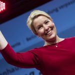 
              Franziska Giffey, top candidate of the Berlin SPD for the office of Governing Mayor, takes the stage at the election party of the Berlin SPD in Kreuzberg, Berlin, Sunday, Sept. 26, 2021. (Bernd Von Jutrczenka/dpa via AP)
            