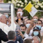 
              Pope Francis meets with young people at Lokomotiva Stadium in Košice, Slovakia, Tuesday, Sept. 14, 2021. Francis first trip since undergoing intestinal surgery in July, marks the restart of his globetrotting papacy after a nearly two-year coronavirus hiatus. (AP Photo/Gregorio Borgia)
            