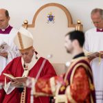 
              Pope Francis, center, attends a Byzantine rite Mass at Mestska sportova hala Square, in Presov, Slovakia, Tuesday, Sept. 14, 2021. Pope Francis is on a four-day pilgrimage to Hungary and Slovakia. (AP Photo/Darko Vojinovic)
            