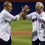 
              Former New York Yankees manager Joe Torre, left, and former New York Mets manager Bobby Valentine react after they threw out ceremonial first pitches before a baseball game Saturday, Sept. 11, 2021, in New York. (Andrew Mills/NJ Advance Media via AP)
            
