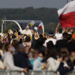 
              Pope Francis arrives in the esplanade of the National Shrine in Sastin, Slovakia, Wednesday, Sept. 15, 2021. Pope Francis is to hold an open air mass in Sastin, the site of an annual pilgrimage each September 15 to venerate Slovakia's patron, Our Lady of Sorrows. (AP Photo/Petr David Josek)
            