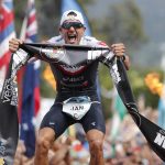 
              FILE - In this Oct. 12, 2019, file photo Jan Frodeno, of Germany, reacts after winning the Ironman World Championship Triathlon, in Kailua-Kona, Hawaii. The Ironman World Championship will be held outside Hawaii for the first time in four decades because of uncertainty over whether the Big Island will be able to host the triathlon as scheduled in February during the coronavirus pandemic. Competitors will instead head to St. George, Utah, on May 7. (AP Photo/Marco Garcia, File)
            